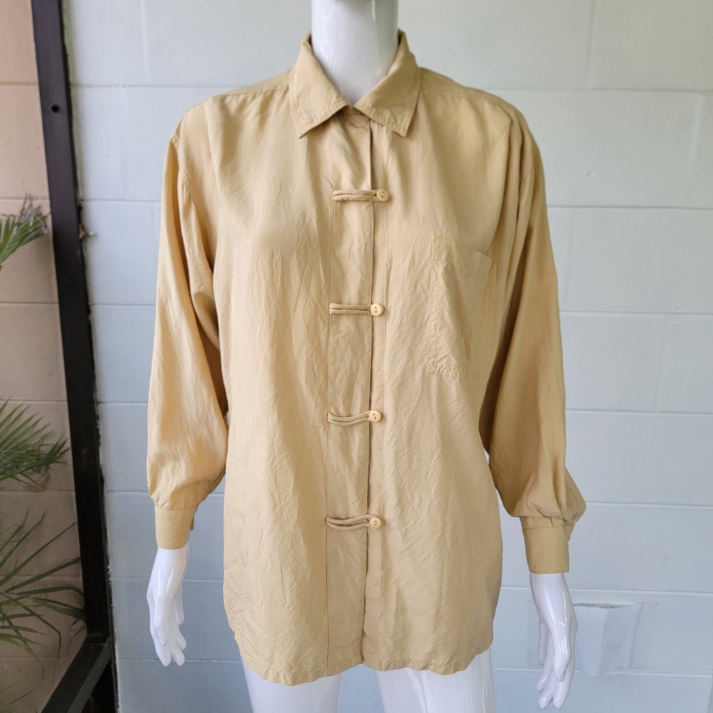 Vintage 90s Hype 100% Silk Pale Yellow Frog Closure Blouse Boho Coastal Grandma